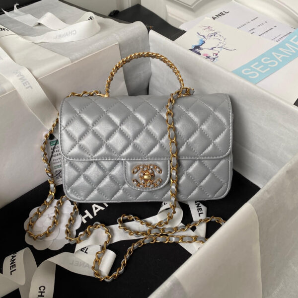 Chanel Grey Lambskin Leather CC Links Top Handle Bag