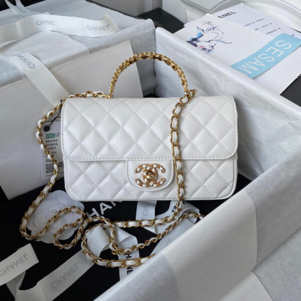 Chanel White Lambskin Leather CC Links Top Handle Bag